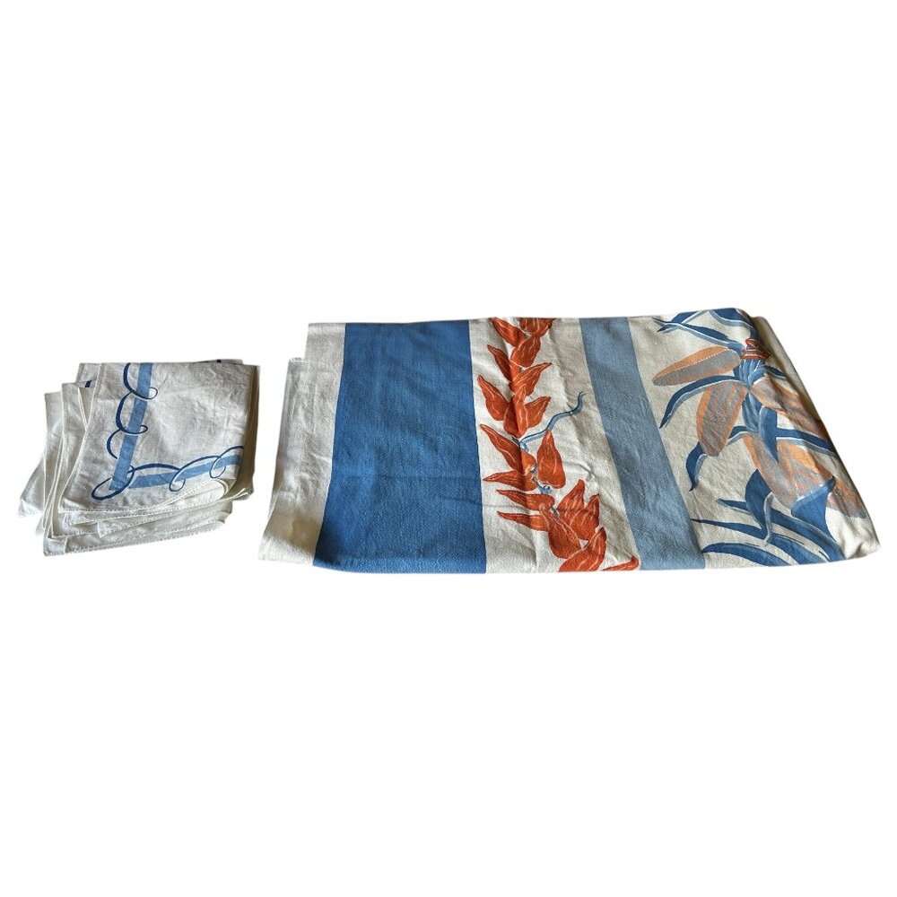 Vintage Southwest Tablecloth & 6 Napkins Set Blue & Orange Cotton Chilis Corn - Picture 2 of 16